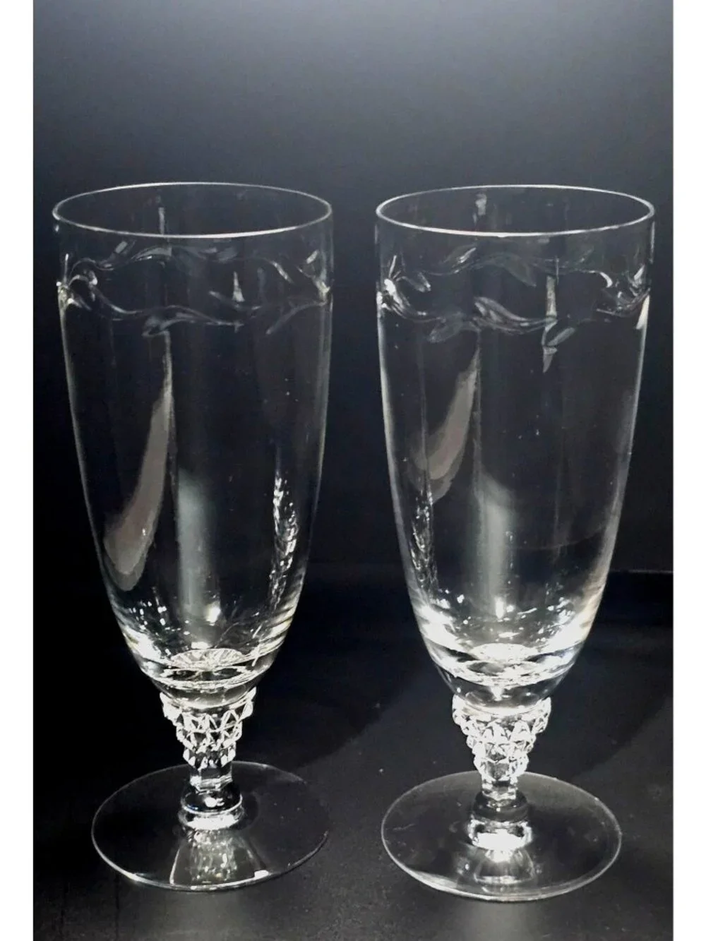 4 Tiffin Franciscan Mimi Ice Tea Glasses cut crystal botanical leaf sculpted